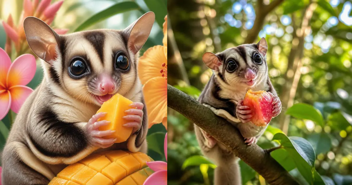 A sugar glider holding a small piece of fruit in its paws