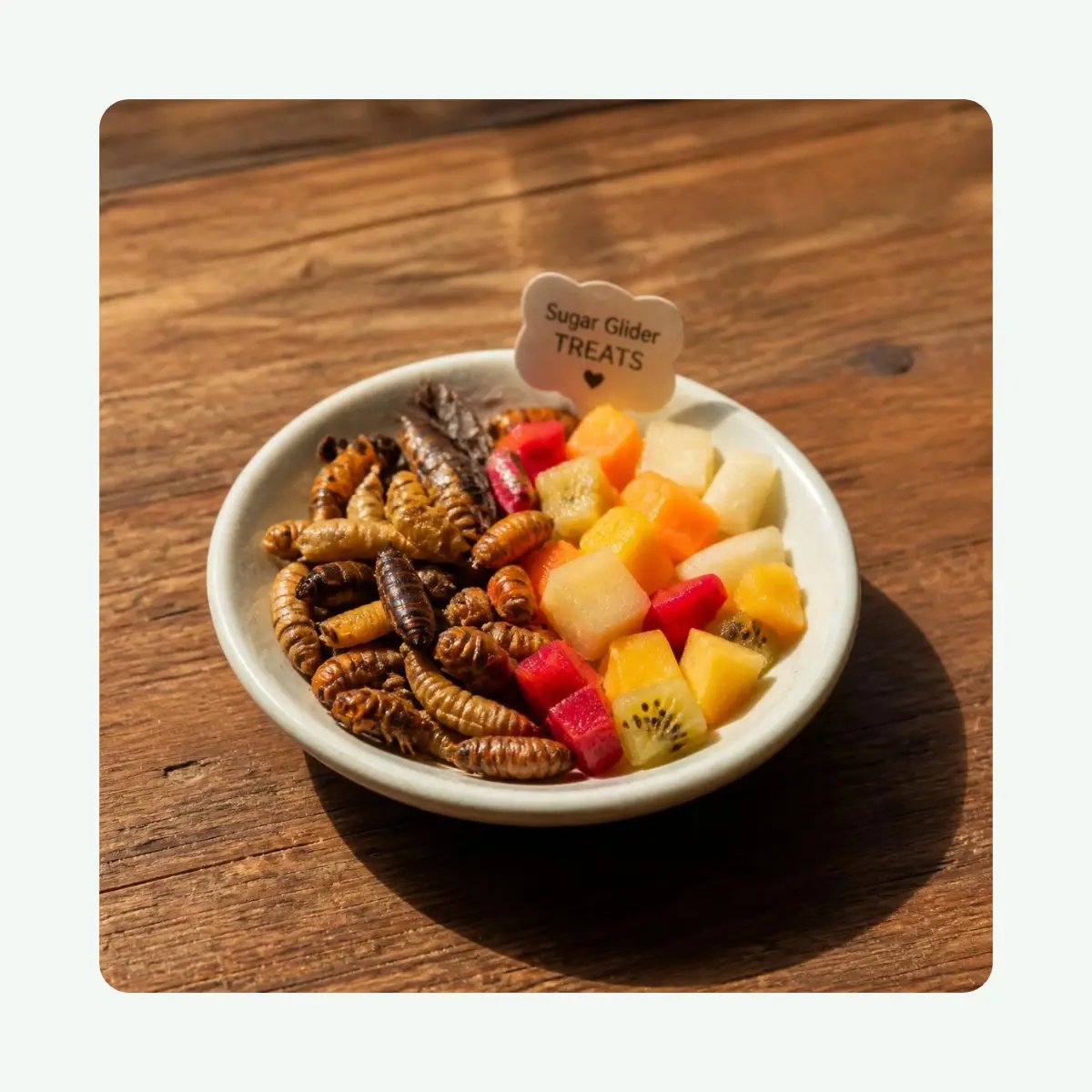 A small dish of sugar glider treats including insects and diced fruit